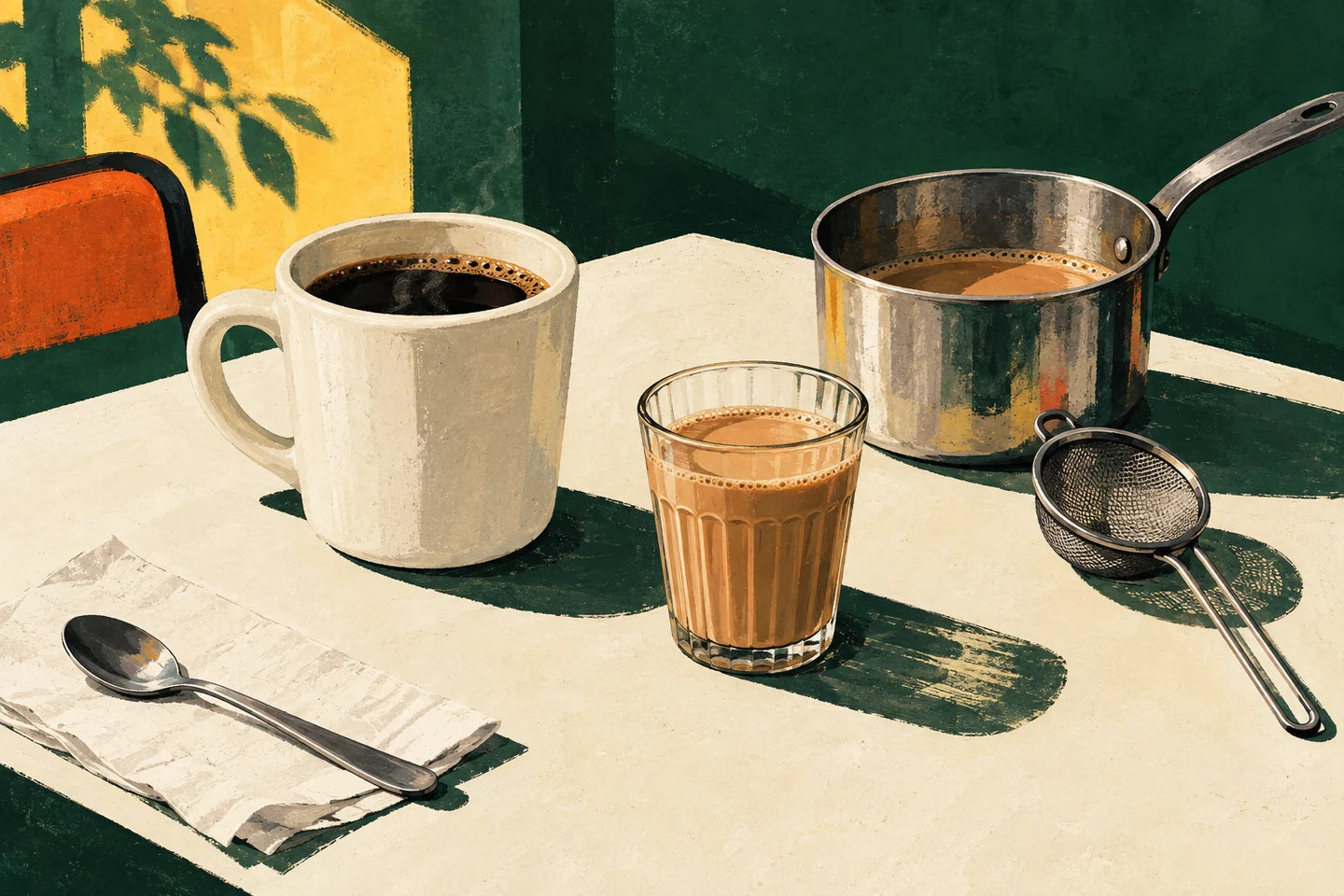 Illustration of coffee and chai shared at a table